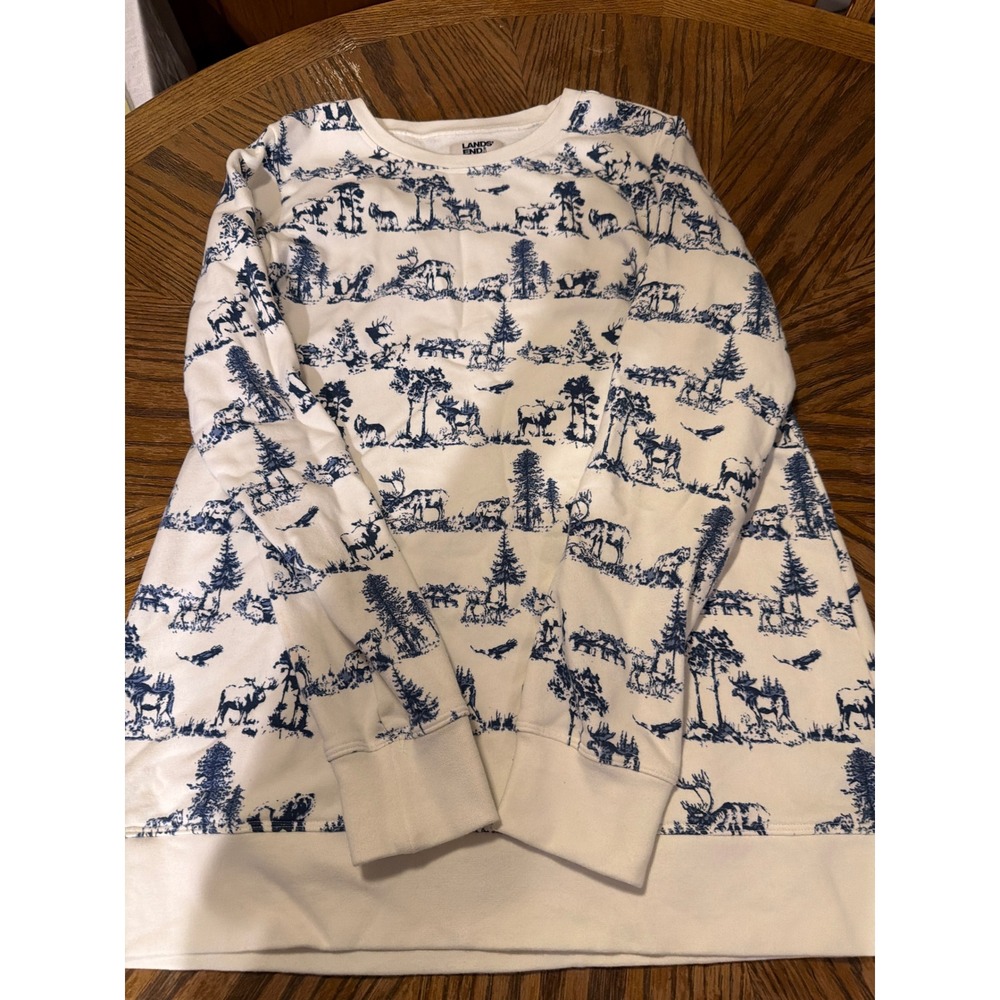 Lands End Serious Sweats Blue White Wildlife Toile Moose Sweatshirt Small 6-8